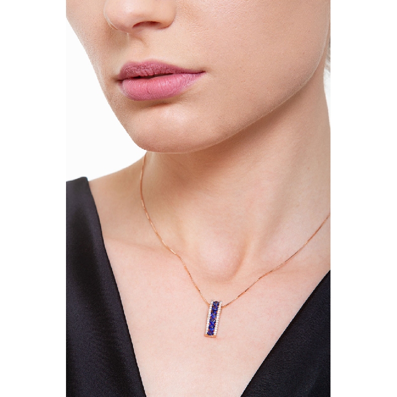 18k rose gold fancy bar pendant with diamonds and blue sapphires