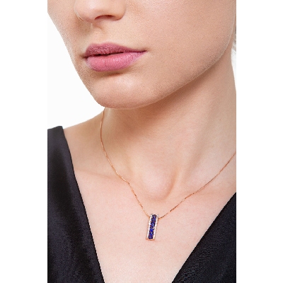 18k rose gold fancy bar pendant with diamonds and blue sapphires