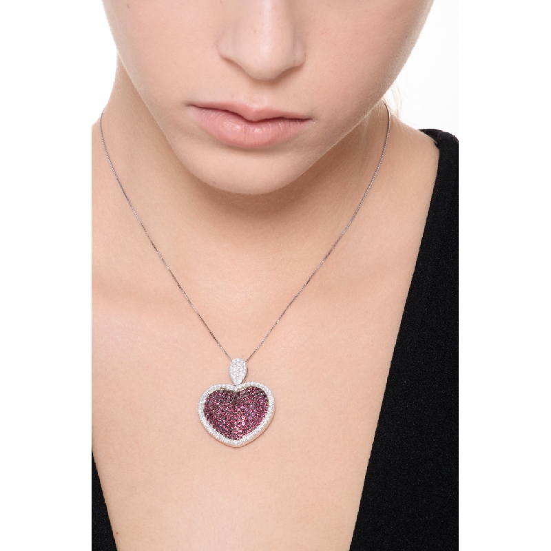 Heart pendant with burnished rubies pavé and  diamonds