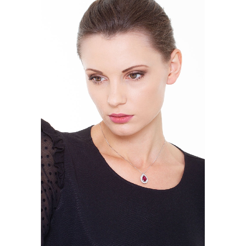 Necklace with pendant, central pear cut ruby and 2 rows of diamonds