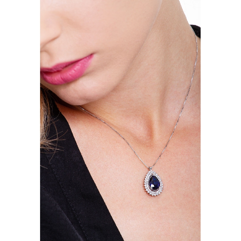 Necklace with pendant, central pear cut blue sapphire and 2 rows of diamonds