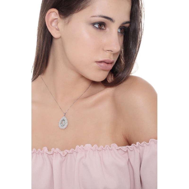 Necklace with pendant, pear cut aquamarine crowned by 3 rows of diamonds