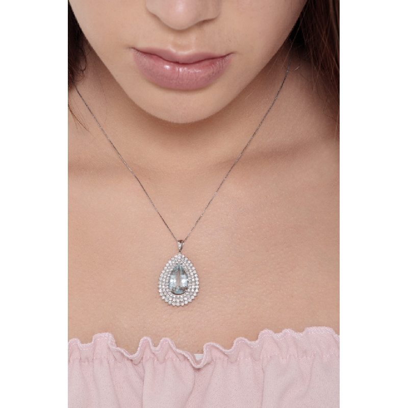 Necklace with pendant, pear cut aquamarine crowned by 3 rows of diamonds