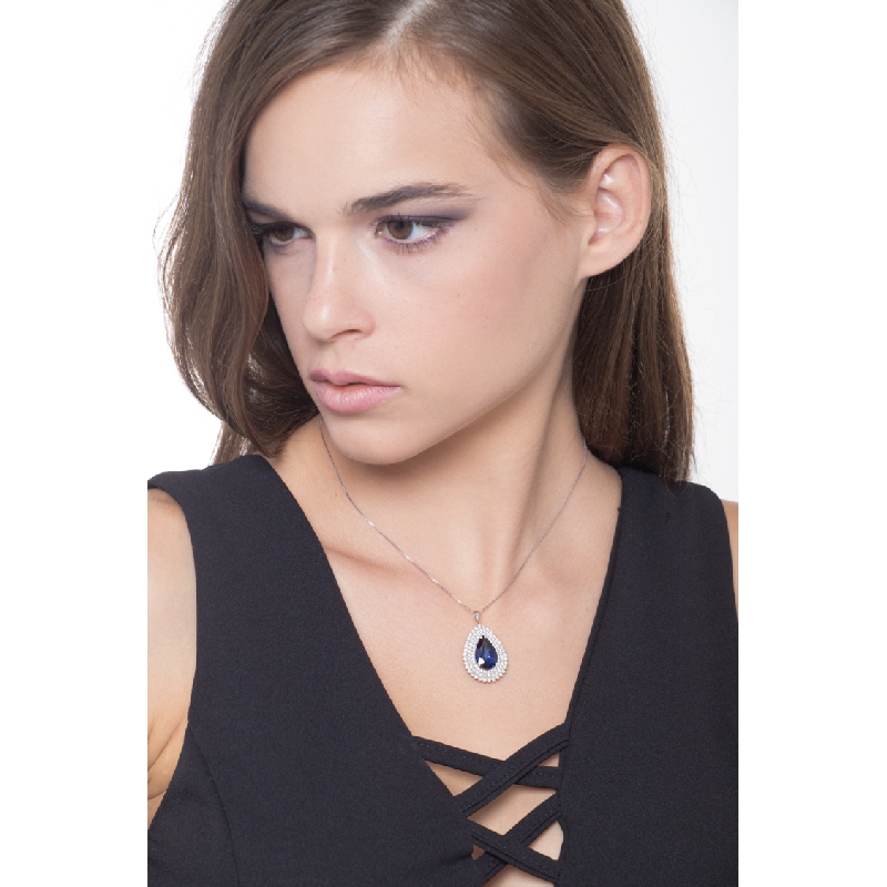 Necklace with pendant, central pear cut blue sapphire and 3 rows of diamonds