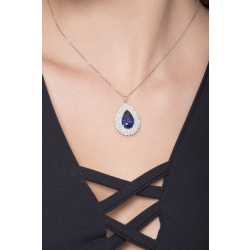 Necklace with pendant, central pear cut blue sapphire and 3 rows of diamonds 2
