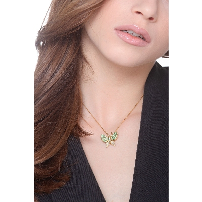 18k yellow gold butterfly pendant with diamonds and emeralds
