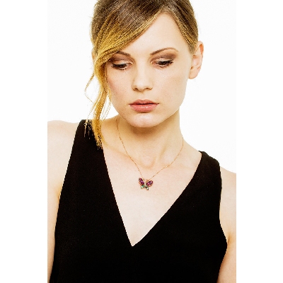 18k rose gold butterfly pendant with rubies and emeralds