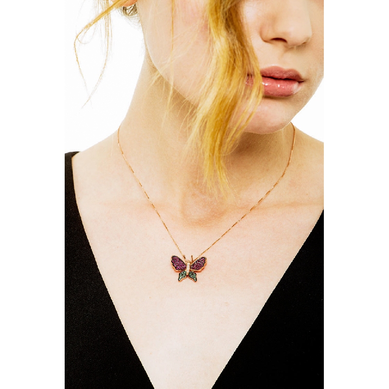 18k rose gold butterfly pendant with rubies and emeralds