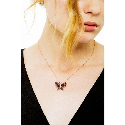 18k rose gold butterfly pendant with rubies and emeralds