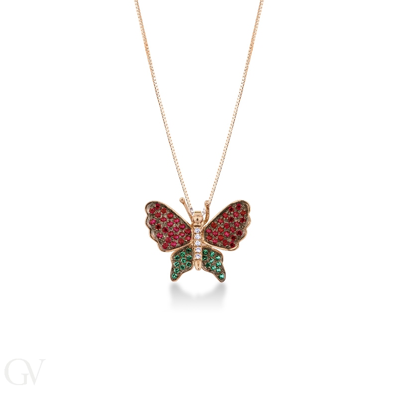 18k rose gold butterfly pendant with rubies and emeralds