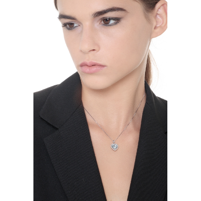 Necklace with pendant, heart cut aquamarine and diamonds