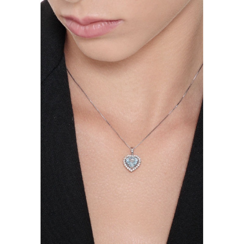 Necklace with pendant, heart cut aquamarine and diamonds