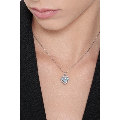 Necklace with pendant, heart cut aquamarine and diamonds