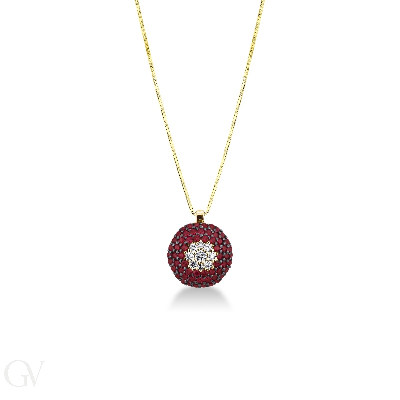 18k yellow gold necklace with pavè pendant, rubies and diamonds