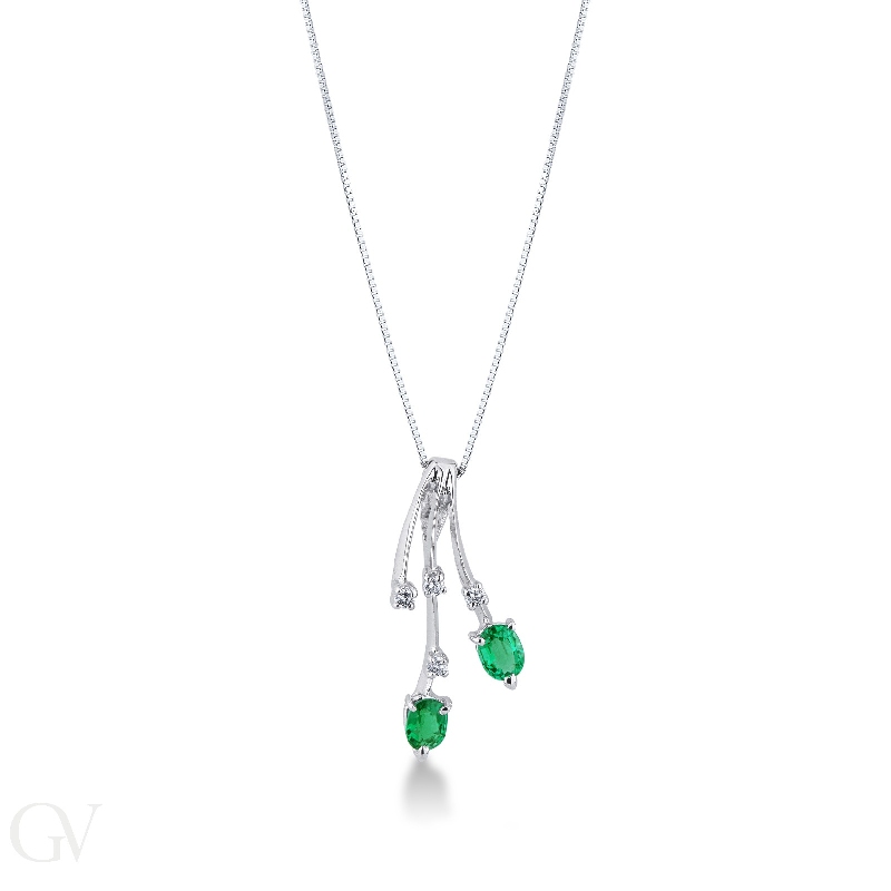 Branches pendant in 18k white gold with emeralds and diamonds