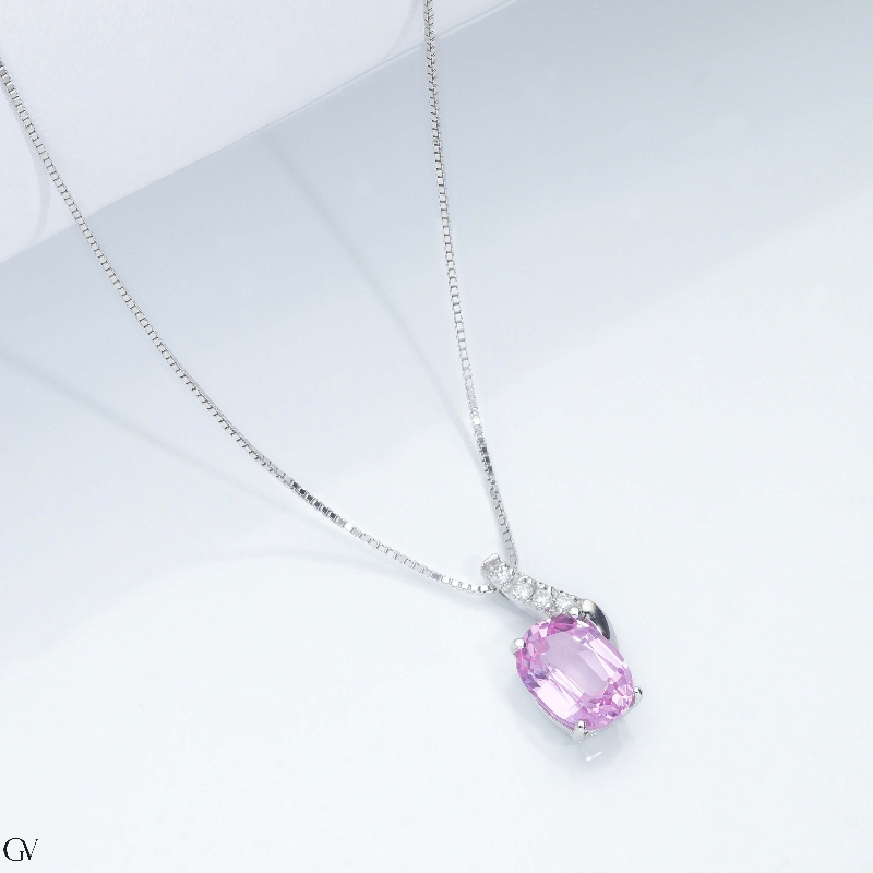 Fancy necklace with pink sapphire and round cut diamonds pendat