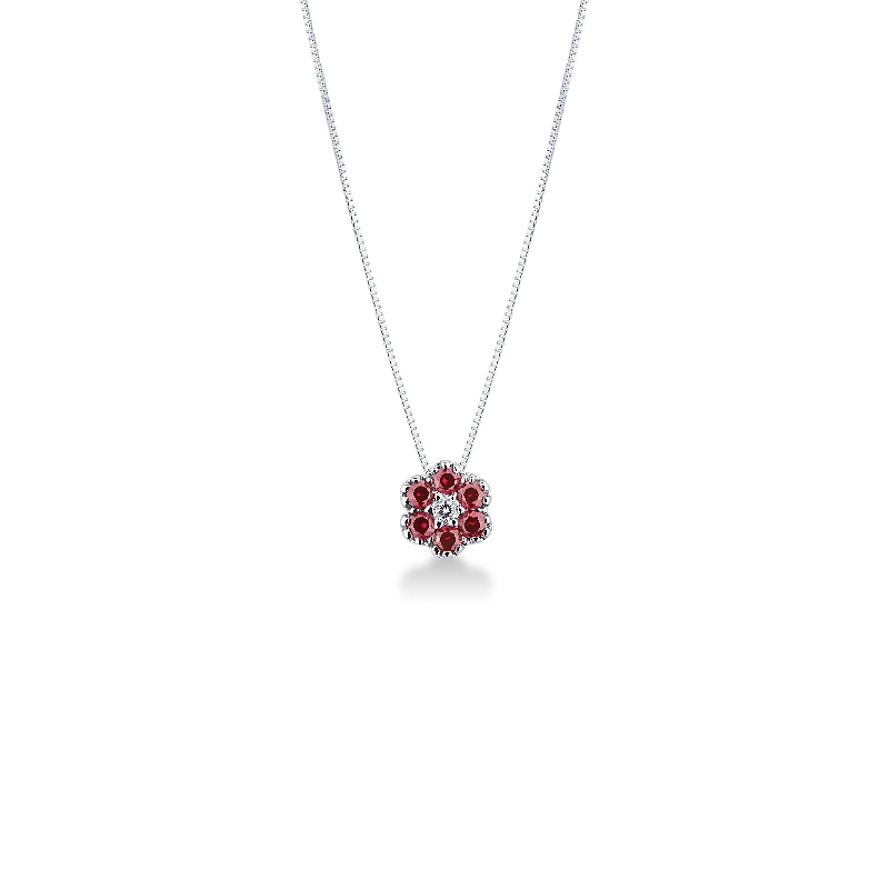 18k white gold flower pendant with rubies and diamonds