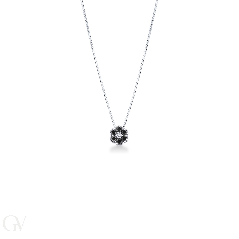 Little flower pendant in 18k white gold with black and white diamonds