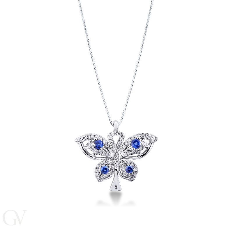 Fancy butterfly pendant in 18k white gold with sapphires and diamonds