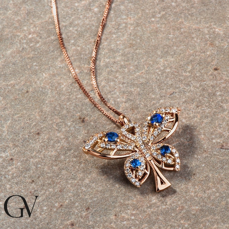 Fancy butterfly pendant in 18k rose gold with sapphires and diamonds