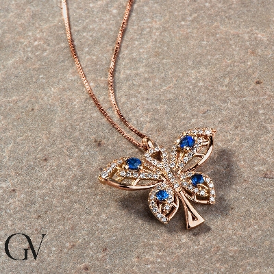 Fancy butterfly pendant in 18k rose gold with sapphires and diamonds