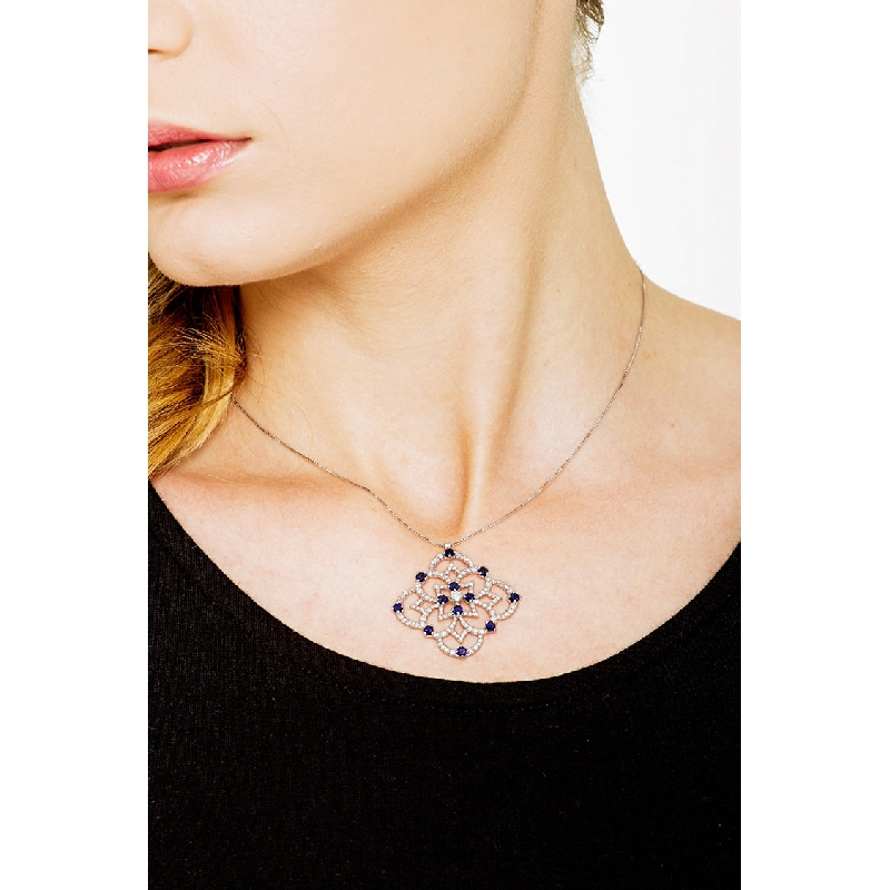 Rose window pendant in 18k white gold with sapphires and diamonds