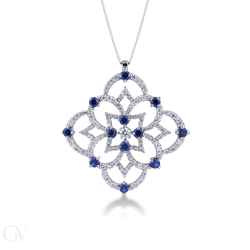 Rose window pendant in 18k white gold with sapphires and diamonds