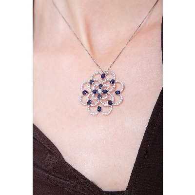 18k white gold rose window pendant with sapphires and diamonds