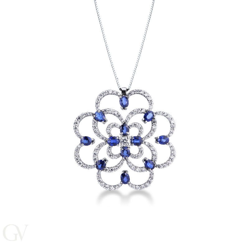 18k white gold rose window pendant with sapphires and diamonds