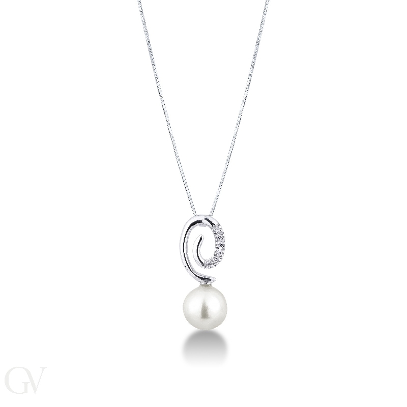 18k white gold necklace with spiral pendant with pearls and diamonds 