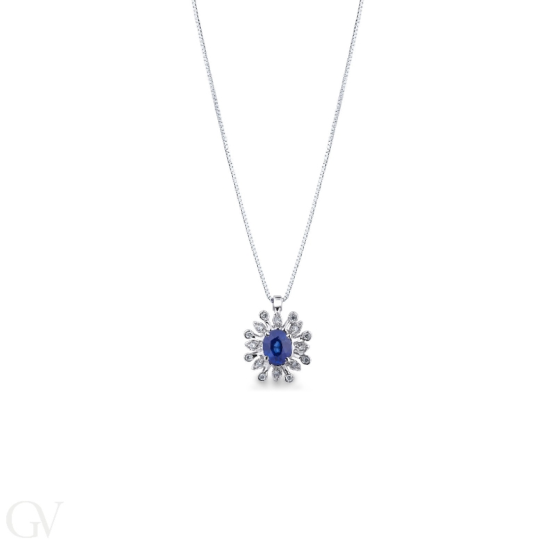 Necklace with pendant, central blue sapphire and a fancy diamonds crown