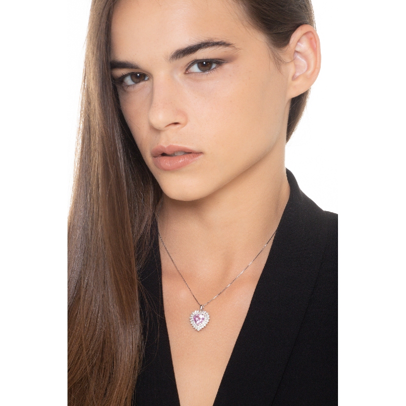 18k white gold necklace with pink sapphire heart cut and diamonds pendant