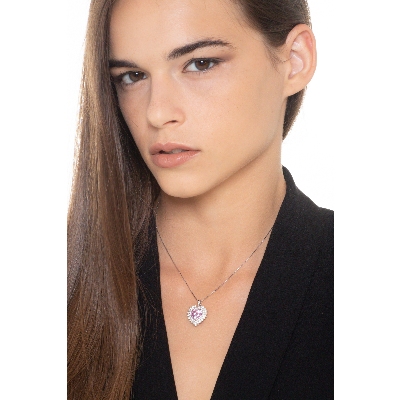 18k white gold necklace with pink sapphire heart cut and diamonds pendant