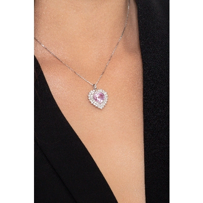 18k white gold necklace with pink sapphire heart cut and diamonds pendant