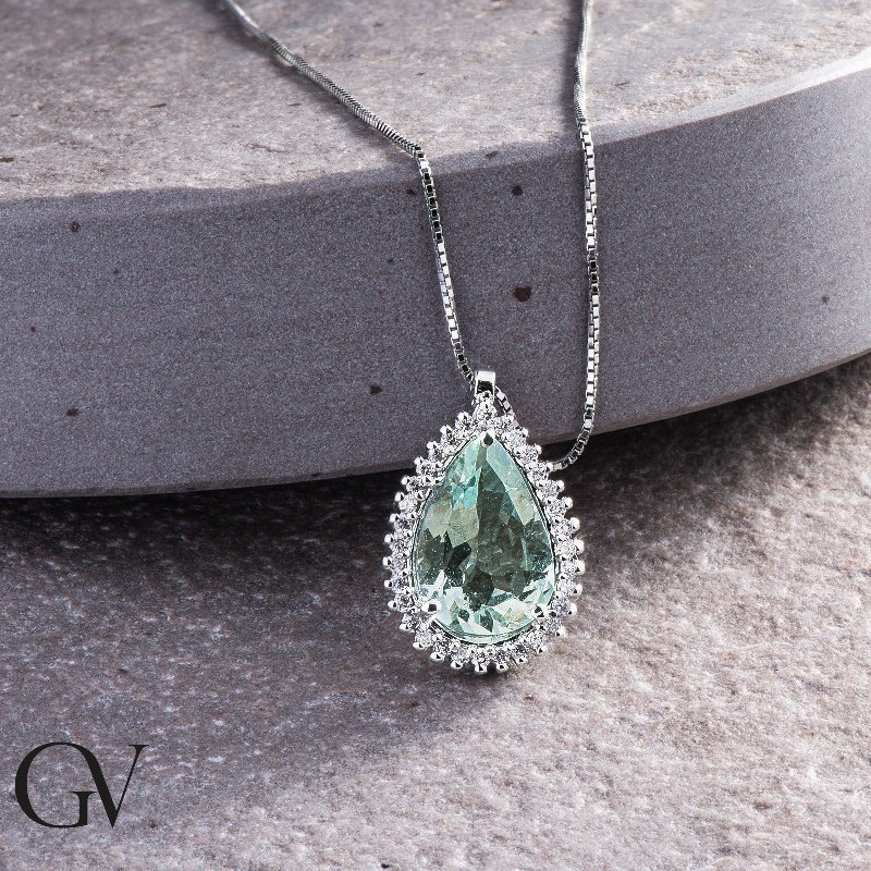 Necklace with pendant, pear cut aquamarine and diamonds