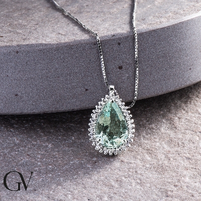 Necklace with pendant, pear cut aquamarine and diamonds