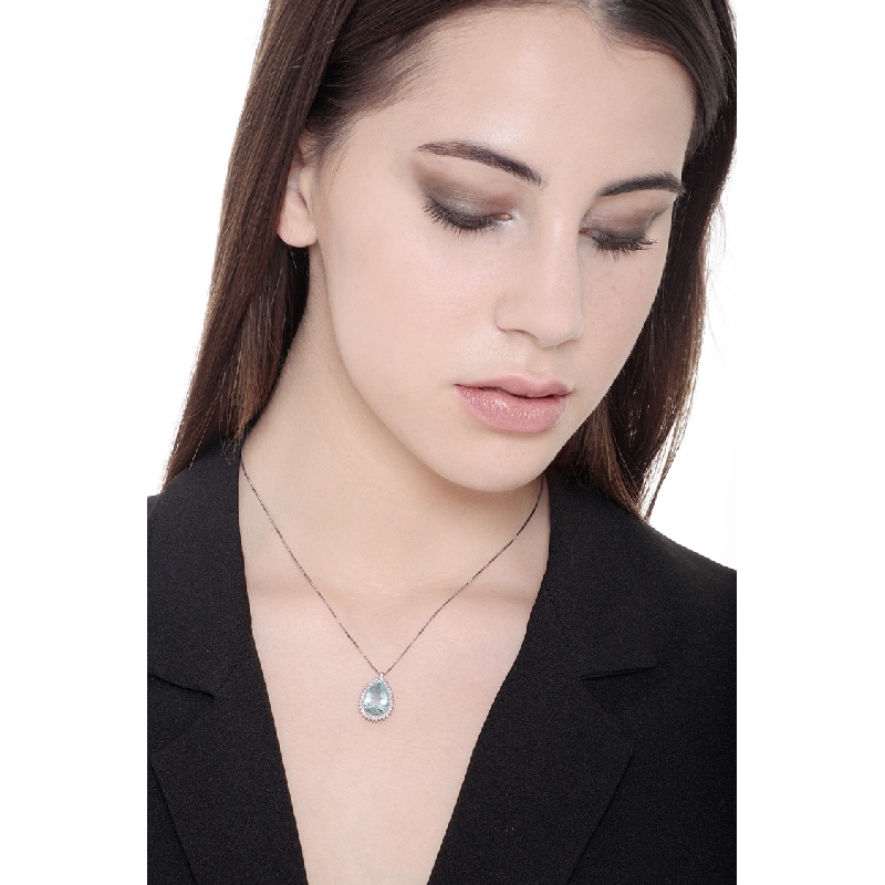 Necklace with pendant, pear cut aquamarine and diamonds