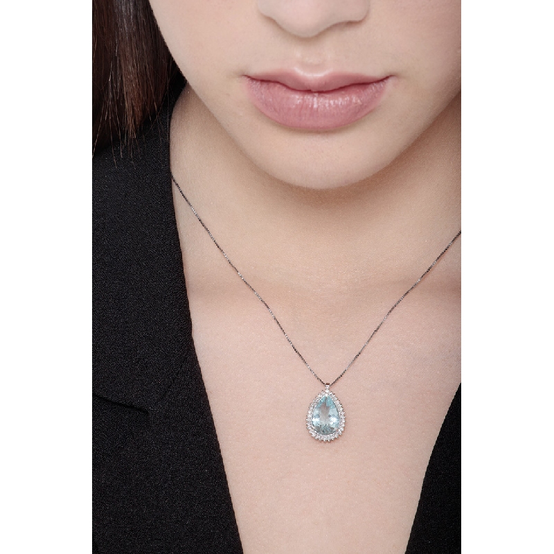 Necklace with pendant, pear cut aquamarine and diamonds