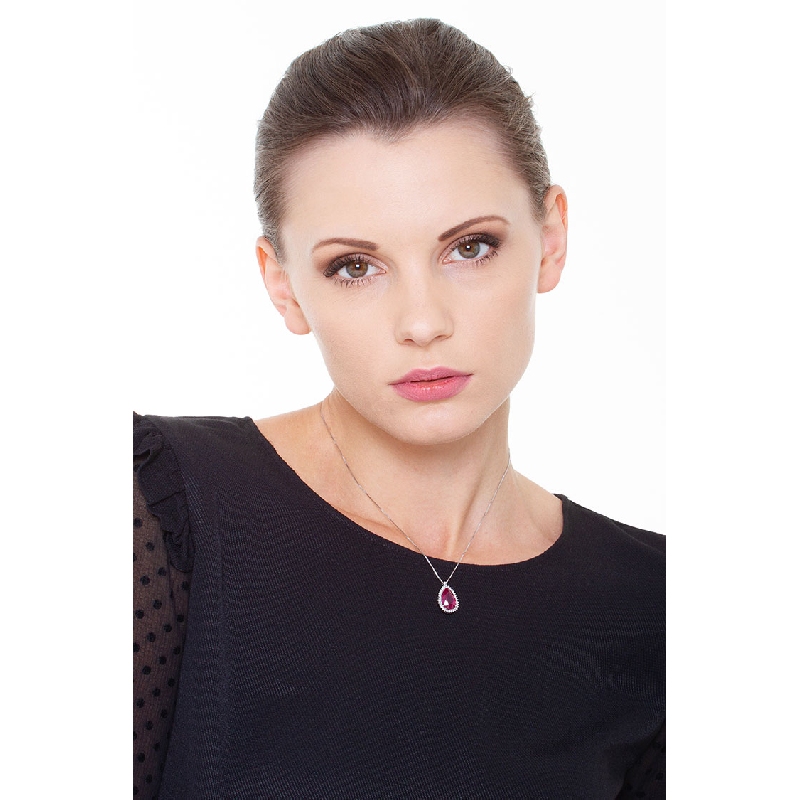 Necklace with pendant, pear cut ruby and diamonds