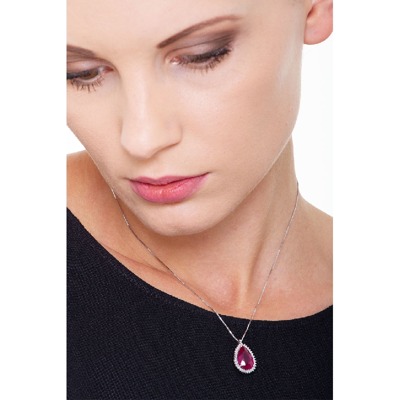 Necklace with pendant, pear cut ruby and diamonds