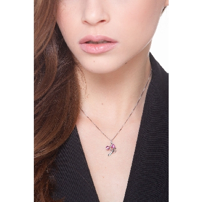 18k white gold pendant with 2 wires, rubies and diamonds