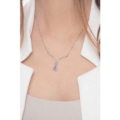 Necklace in white gold 18k with pink sapphire pear cut and diamonds 
