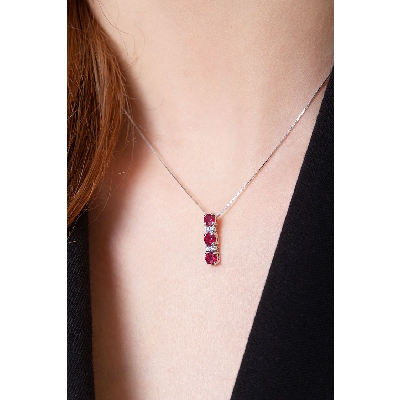 18k white gold necklace with ruby and diamond trilogy necklace