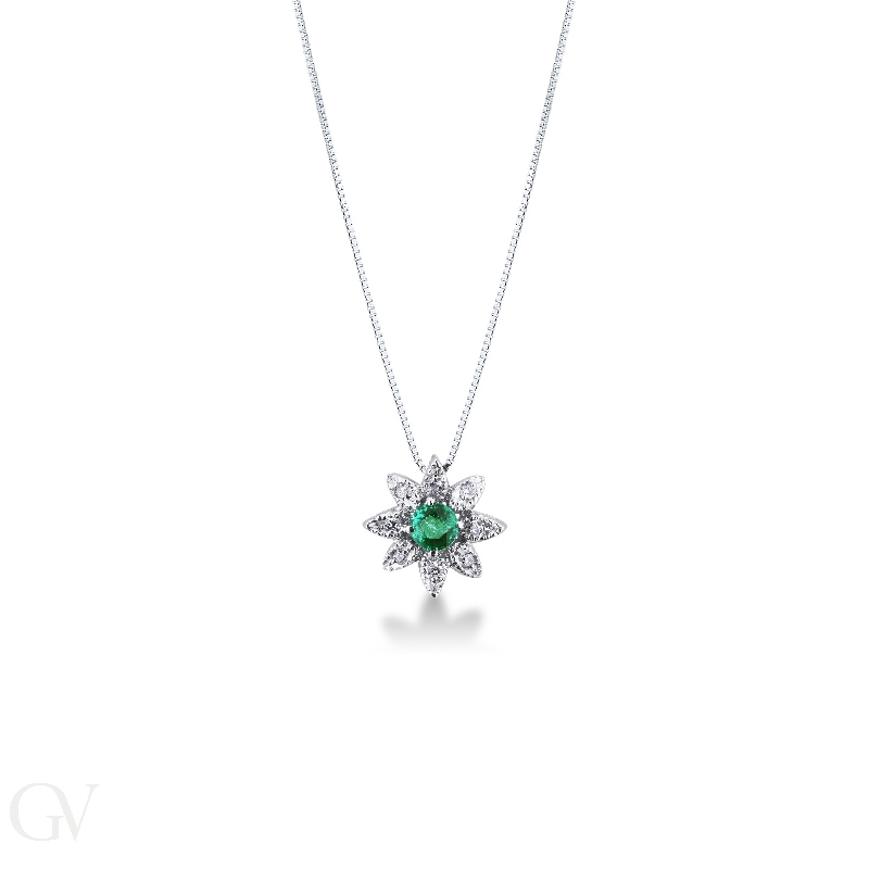 Necklace with pendant, central emerald and diamond petals