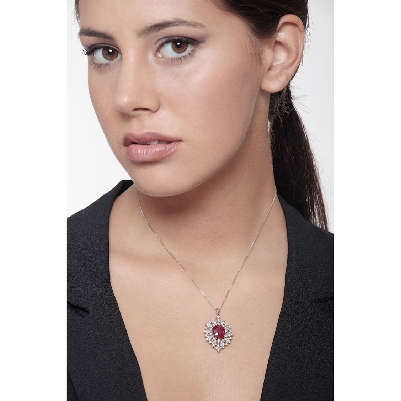 Necklace with pendant, oval cut ruby and a fancy crowd of diamonds