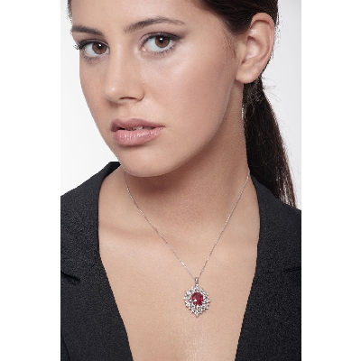 Necklace with pendant, oval cut ruby and a fancy crowd of diamonds