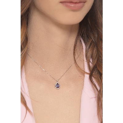 Necklace in white gold 18k with pendant with tanzanite pear cut and diamonds 