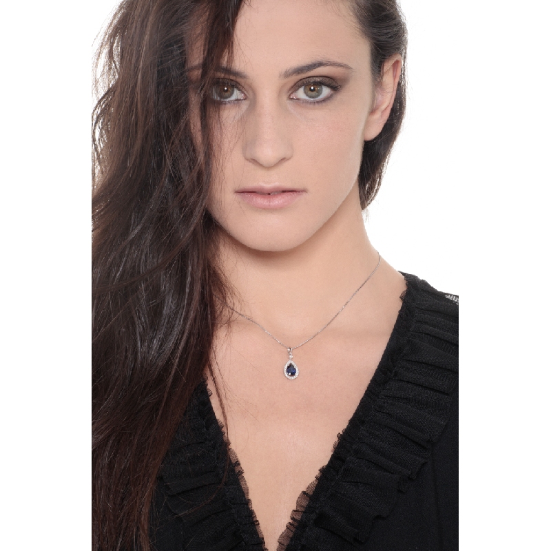 Necklace with pendant, pear shaped sapphire and diamonds