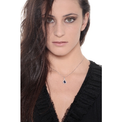 Necklace with pendant, pear shaped sapphire and diamonds