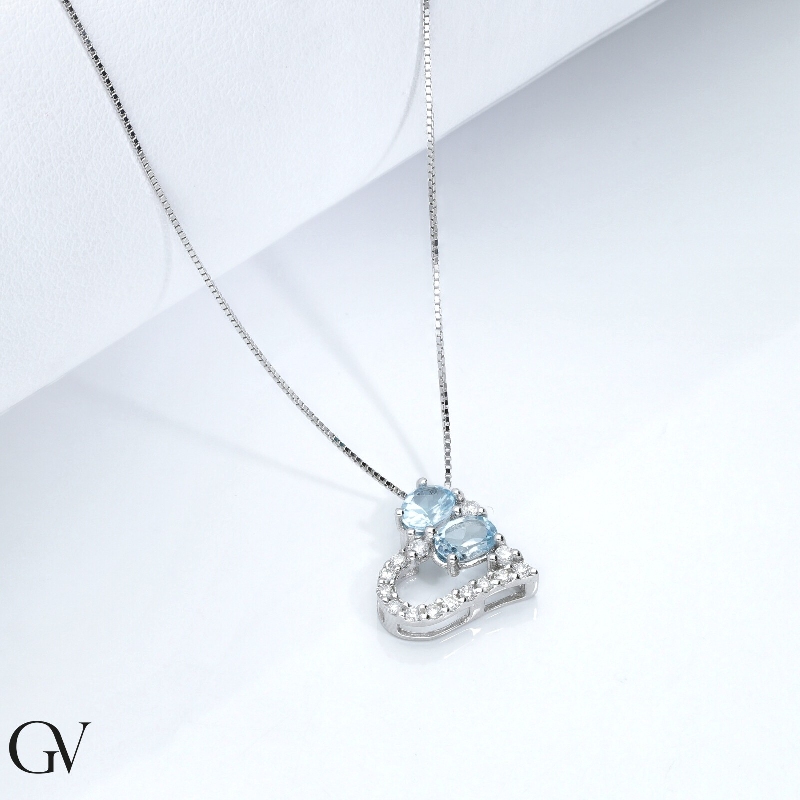 Collana con cuore acquamarina e diamanti oro bianco 18k